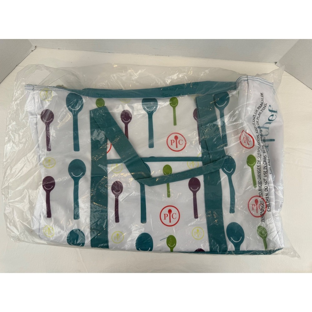 New Pampered Chef Insulated Grocery Tote Bag Teal Spoon Print Reusable Zipper